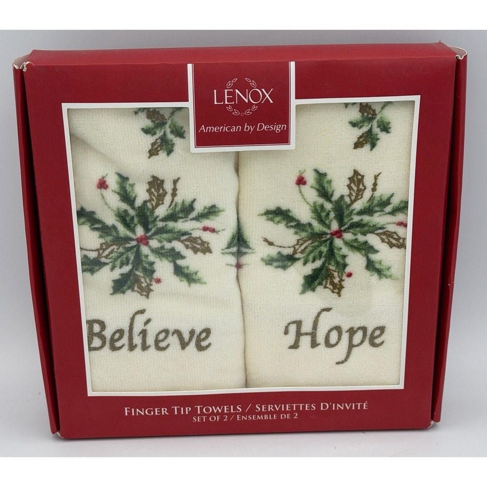 Lenox Christmas Towels Set of 2 Hand Finger Tip Holly Believe Cream Hope New